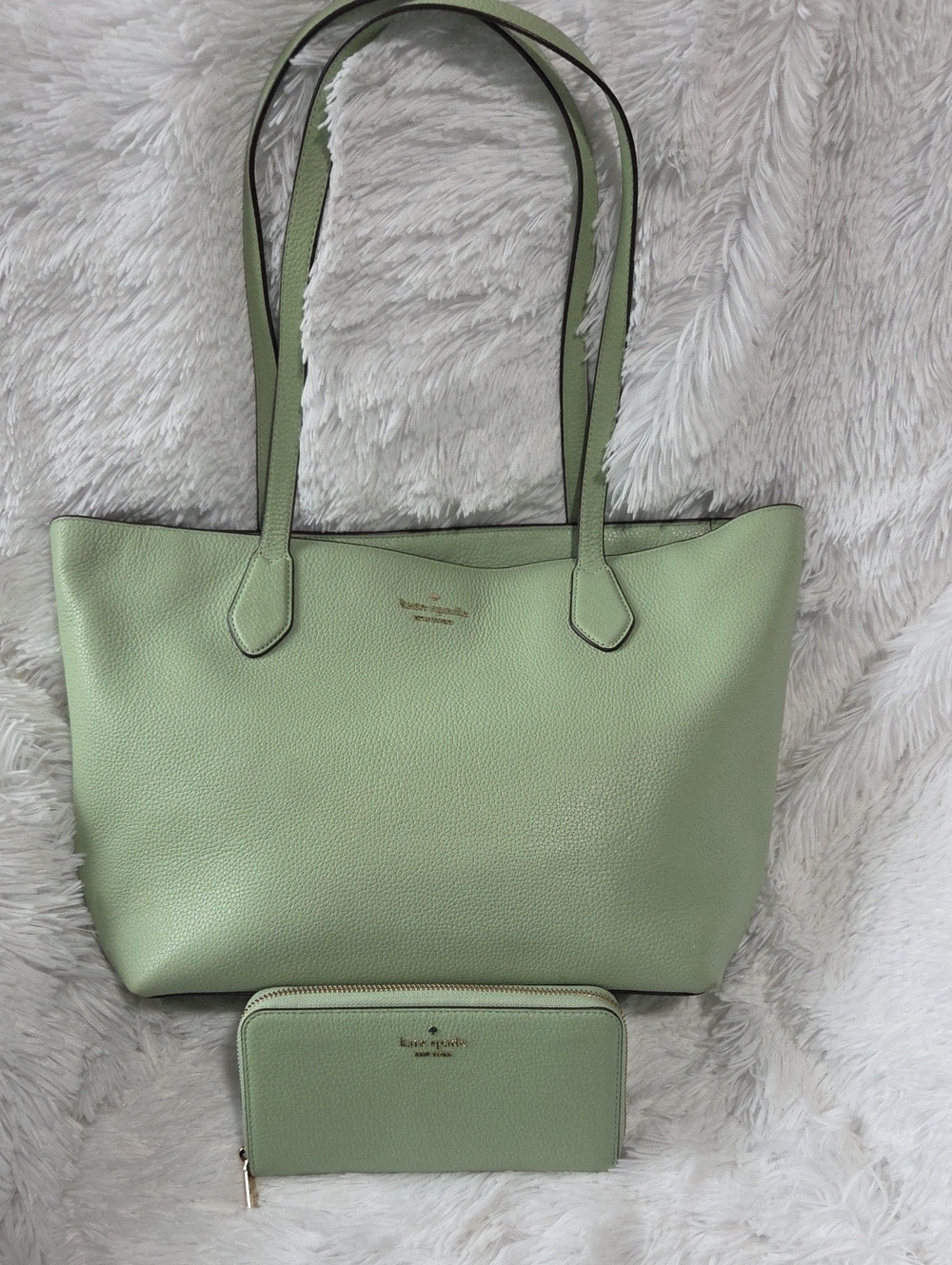 kate spade sage green pebble leather tote with matching wallet